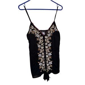 VENUS Black Spaghetti Strap Blouse Tank Cami with Floral Embroidery